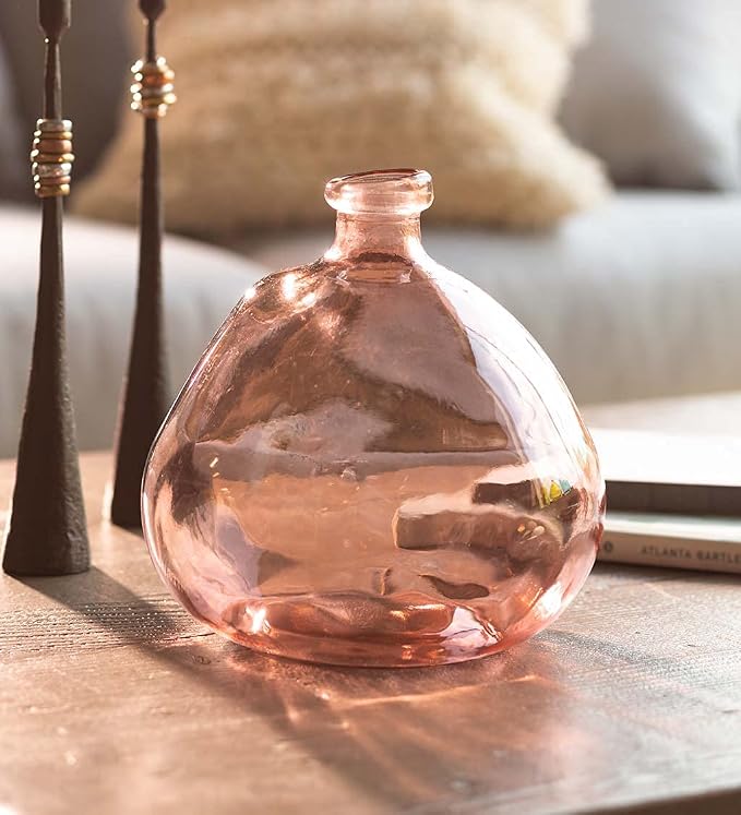 VivaTerra Recycled Round Glass Balloon Vase – Handblown Glass Vases for Centerpieces – Unique Organic Shape in a Delicate Pink Color – Sustainable and Unique Home Decor (9" H x 8" Dia.)