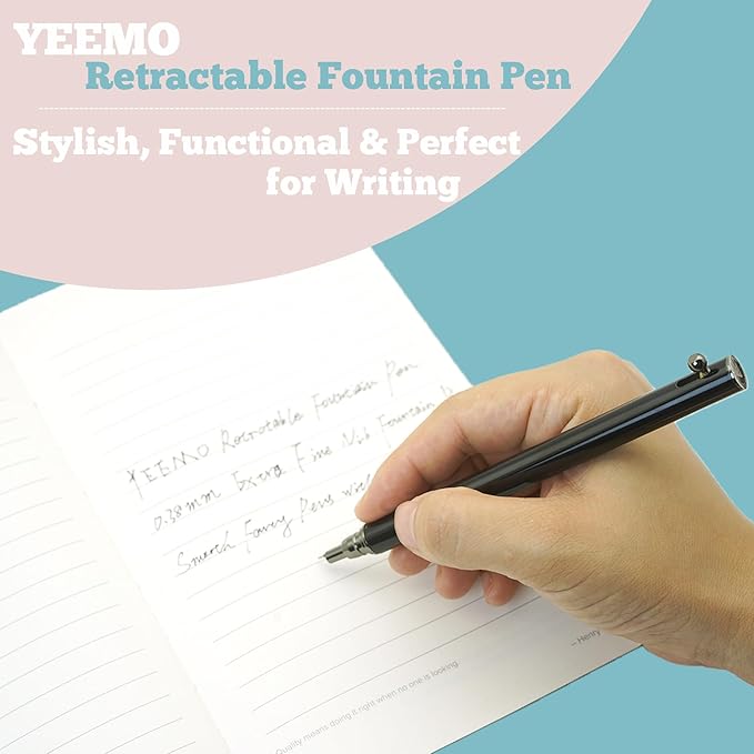 Retractable Fountain Pen – 0.38 mm Extra Fine Nib Fountain Pen, Smooth Fancy Pens with Converter, 6 Ink Cartridges & Gift Pouch for Writing (Glossy Black)