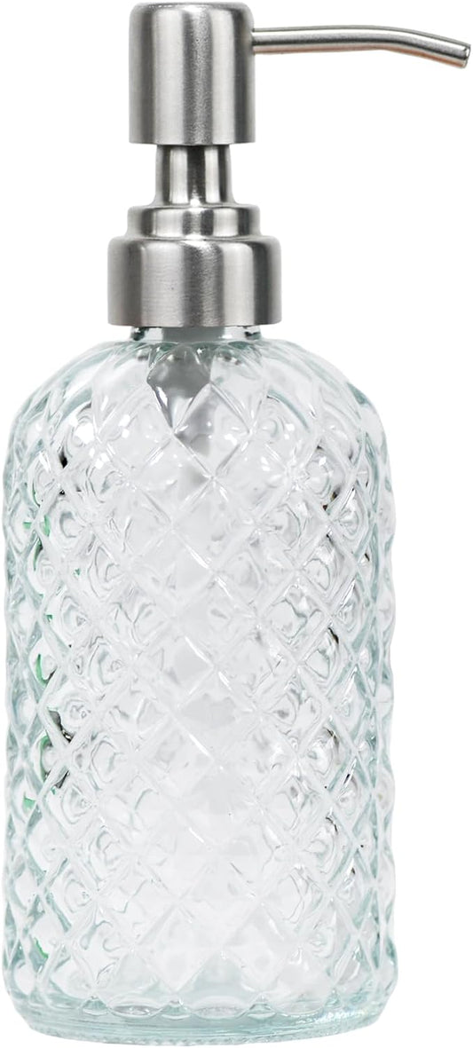 16 oz Diamond Pattern Glass Soap Dispenser, Kitchen and Bathroom Refillable Soap Dispenser with Rust Resistant Stainless Steel Pump for Hand Soap, Lotion Glass Liquid Dispenser (Clear)