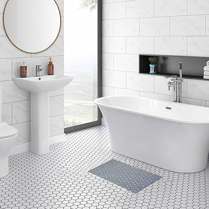 Bamboo Bath Mat Bathroom Rugs Floor Wood Shower Bathtub Waterproof Non Slip Grey Accessories 16x24 Inch Easy to Clean, 2 pcs