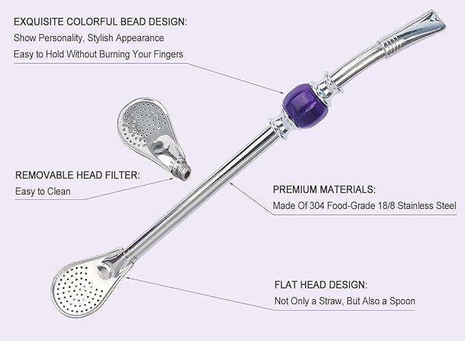 Premium Yerba Mate Straws - Reusable Stainless Steel Bombilla Straw with Colorful Beads - Removable Head Filter (Purple)