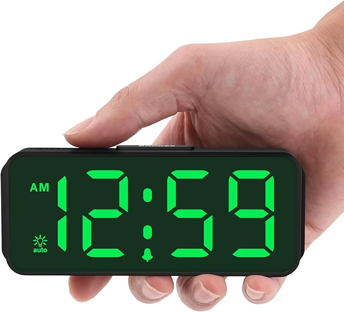 Peakeep Small Mini Battery Powered Digital Alarm Clocks for Bedrooms Bedside, Cordless Tiny Travel Portable Desk Clock, Large Numbers Auto Dimmable, LED Display 4 Dimmers, 5 Alarm Volumes