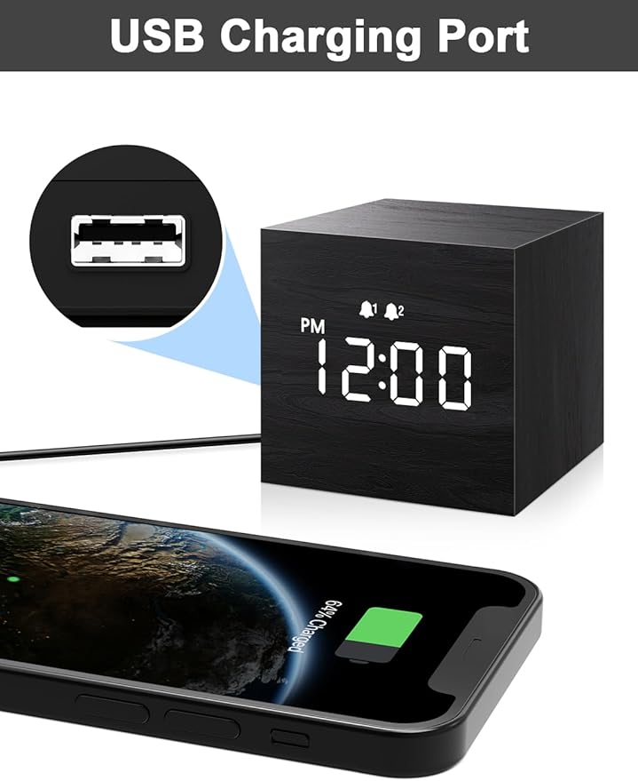 JALL Digital Alarm Clock, with Wooden Electronic LED Time Display, 3 Alarm, 2.5-inch Cubic Small Mini Wood Made Electric Clocks for Bedroom, Bedside, Desk, Black