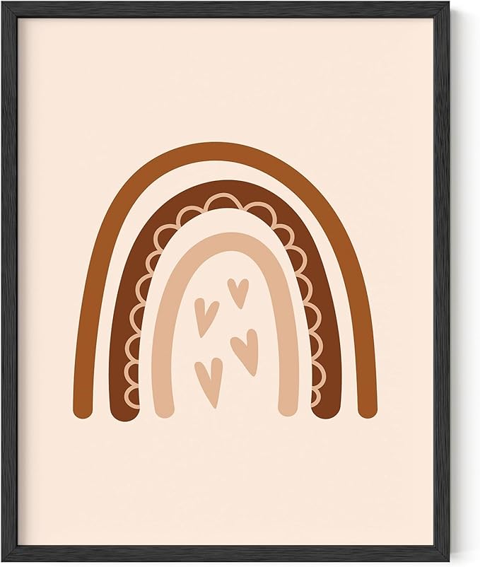 Y2K BOO Boho Nursery Rainbow UNFRAMED Wall Art with Hearts Earth Tones Terracotta Brown Scandi Minimalist Style 11x14 Inch Heavyweight Paper Kids Decor