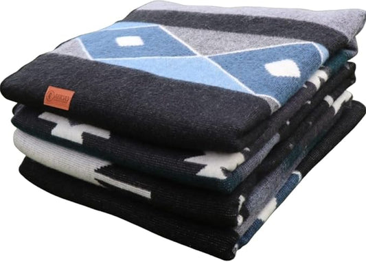 Alpaca Wool Blanket, Throw Size 78 x 47, Reversible 2 in 1, Thick and Ultra Soft, Hypoallergenic, Non-Itchy, Handmade in Ecuador. Premium Alpaca Wool Thtow Blanket for Cozy Comfort. Blue and Grey.