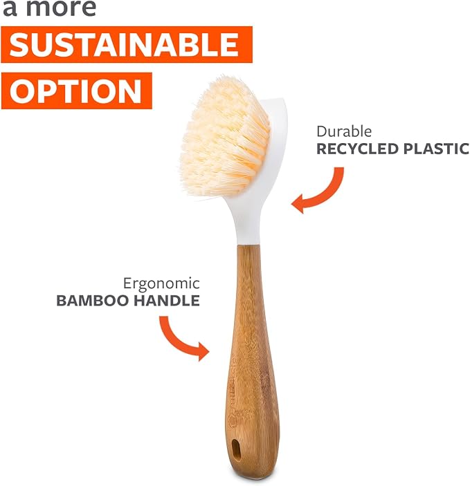 Full Circle Daily Dish Brush -Bamboo Handle Dish Brush –Sustainable Kitchen Cleaning with Tough Bristles -Natural Dish Scrubber, Nonstick & Cast Iron Cleaner-Long Handle Brush for Dishes, Pots, & Pans