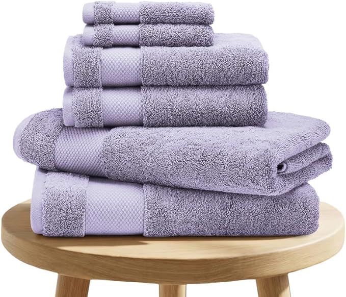 BIOWEAVES 100% Organic Cotton Bath Towel Set | 700 GSM Plush 6-Piece Premium Towel Set GOTS Certified, 2 Bath Towels, 2 Hand Towels & 2 Washcloths - Lavender