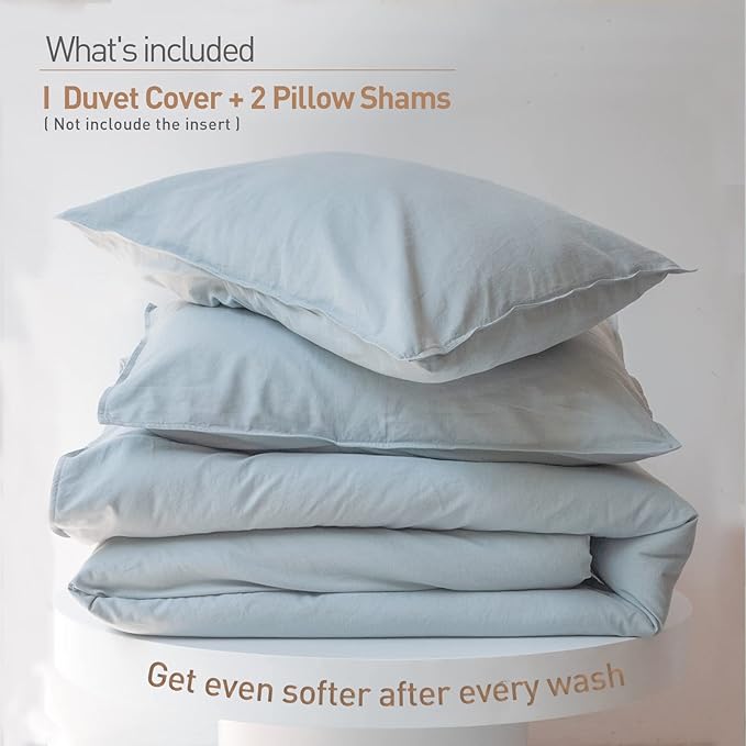 BISELINA French Linen Duvet Cover Set 2pcs with Hidden Zipper Closure Natural Flax Cotton Blend Solid Color Soft Breathable Luxury Farmhouse Bedding - Twin Size, Dusty Blue