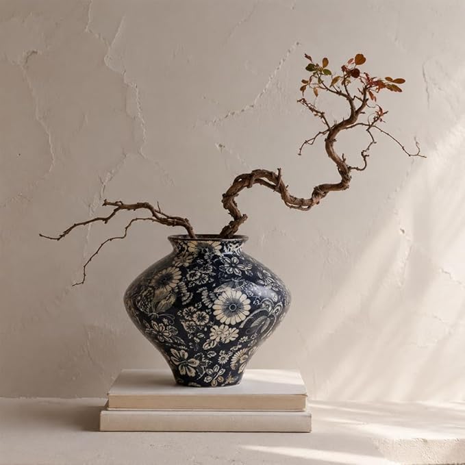 Wabi Sabi Vase, Small Navy Blue Botanical Ceramic Vase for Home Decor, Blue and White Decorative Vase for Shelf Coffee Table Entryway Rustic Modern Decor