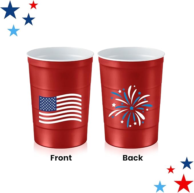 Steel Chill Cups 16 oz. Party Cups Flag Design for Cold Drinks, Sturdy and Durable, Disposable, Recyclable, Made in USA, Patriotic, Red, 12 Count
