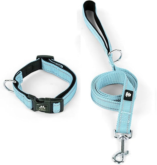 IVY&LANE Reflective Dog Collar and Leash Set,Adjustable Neoprene Padded Dog Collars for Puppy, Breathable Nylon Pet Collar for Small Medium Large Dogs (Small,Blue)