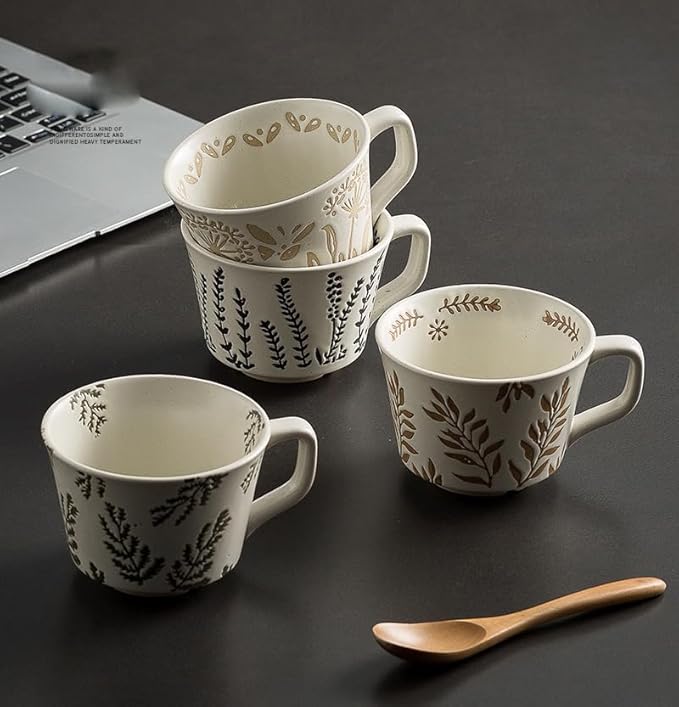 Handmade 12oz Coffee Mugs, Ceramic Coffee Mugs with Leaves Patterns for Man, Woman Modern Coffee Mug for Latte Cappuccino Cocoa, Dishwasher Microwave Safe, Stoneware Cup, Special Gifts, Lavender
