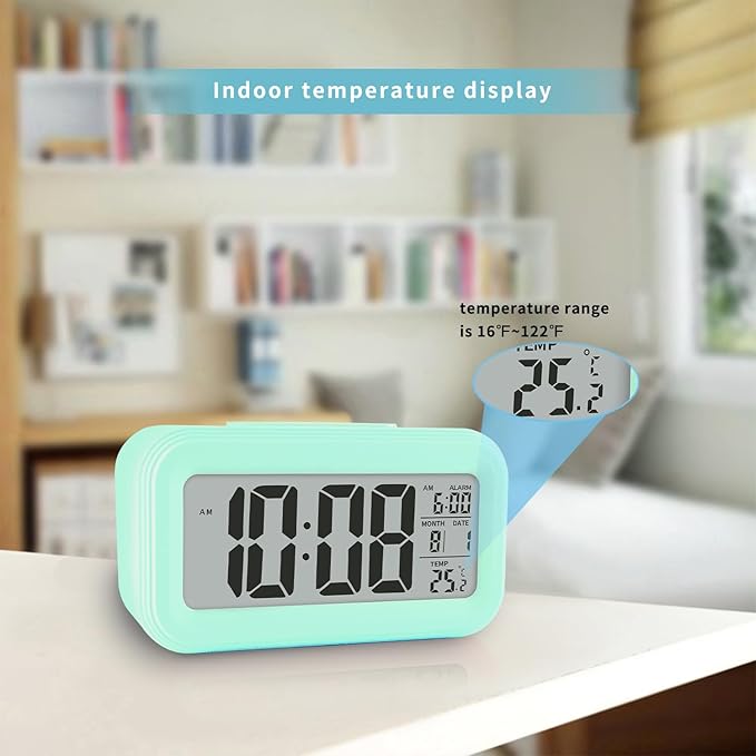 Digital Alarm Clock with Indoor Temperature, Large LED Display, 12/24H, Snooze Mode, Battery Operated Bedside Clock for Bedroom, Heavy Sleepers & Kids,Green