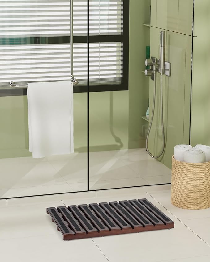 Bamboo Bath Mat, Bamboo Shower Mat for Bathroom, Non-Slip Bathroom Mat with Anti-Slip Stickers, Easy Clean Wooden Bath Floor Mat for Indoor Outdoor （ Brown, 21×13×1.57Inches）