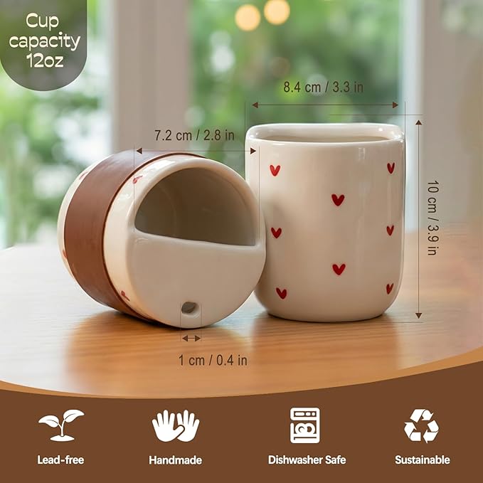 To Go Ceramic Coffee Cups with Lids, Romantic Red Hearts Ceramic Traval Mug with Sip Hole, 12oz Ceramic Sip Cups Pottery Travel Mug, Gifts For Him Her