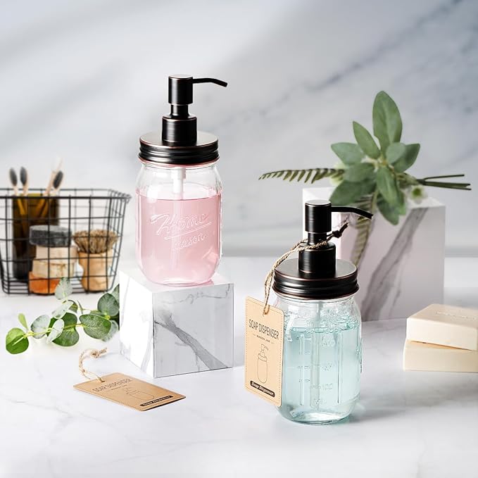 Amolliar Mason Jar Liquid Soap Dispenser, 16 OZ Lotion Glass Dispenser, Cute Farmhouse Decor for Kitchen, Bathroom, Refillable Dispenser for Hand Soap, Dish Soap, Lotion Soap, Oil Rubbed Bronze 1 Pack