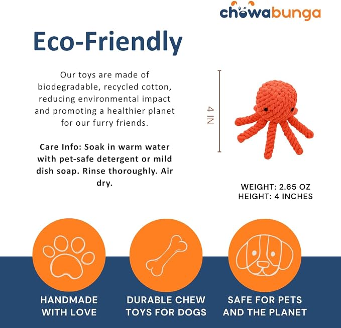 Ollie the Octopus Dog Toy Tough Handmade Eco Cotton Rope Dog Toy Octopus Durable with Natural Non Toxic Dyes - Dog Octopus Toy Aggressive Chewers for Small Dogs, Puppy Toys (Orange, Small)