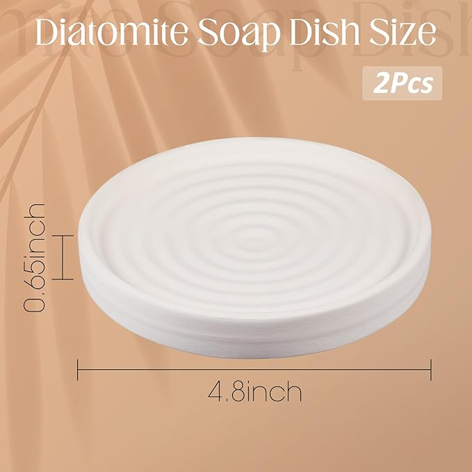 Thenshop 2 Pcs Diatomite Round Soap Dish Stones Holder, Quick Dry Circular Soap Bar Tray Diatomaceous Absorbent Water Bathroom for Hand, Sponge Organizer, Beige White