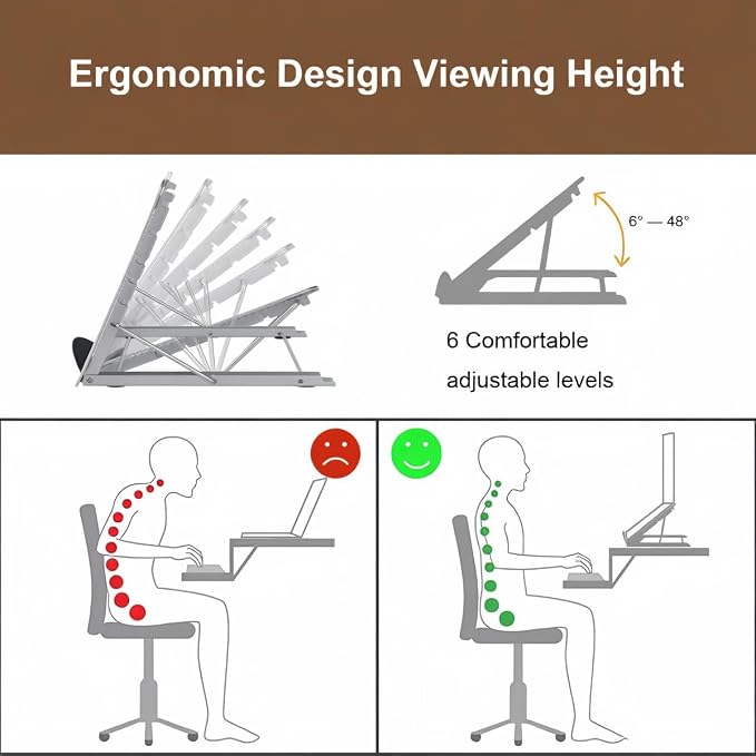 Bamboo Foldable Laptop Stand Holder, 6-Level Adjustable Ergonomic Notebook Riser with Heat Dissipation for 10-17 Inch Laptops, MacBook, Tablet (Dark Brown)