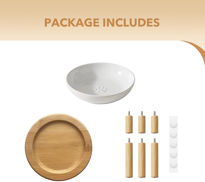 Havniva Elevated Cat Bowls Raised Ceramic Cat Bowl, 5.7” Wide Opening Cat Food Bowl Whisker Friendly Cat Dish Anti-Slip with Bamboo Stand, Shallow Pet Food & Water Bowl for Indoor Cats