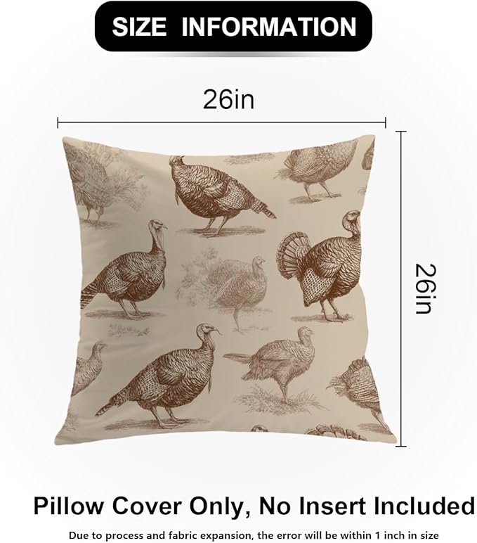 Shrahala Wild Turkeys Decorative Throw Pillow Cover, Vintage Turkey Illustration Square Pillowcase Blended Double-Sided No Inserts for Bedroom Living Room Set of 2 (26 x 26 in)