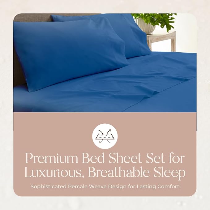 100% Organic Cotton Sheets Queen Size - GOTS Certified Cotton Percale Sheets with Crisp Cool & Breathable Percale Weave Perfect for Hot Sleepers - Durable Luxury 4 Piece Set (Blue, Queen)