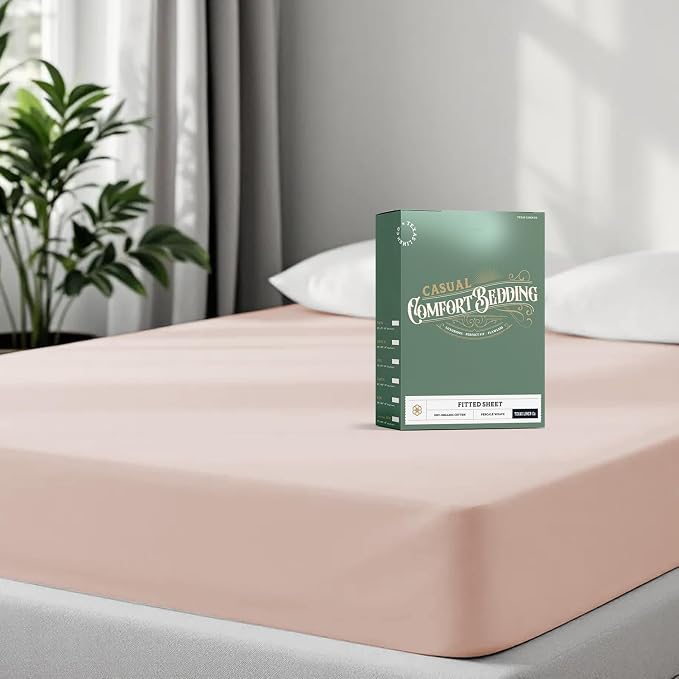 TEXAS LINEN CO. 100% Organic Cotton Percale Weave Fitted Sheet Full Size, Blush, 1 Deep Pocket Full Fitted Sheet, Fits Mattress Upto 16" Crisp and Cool Bed Linen, Luxury GOTS Certified Sheets