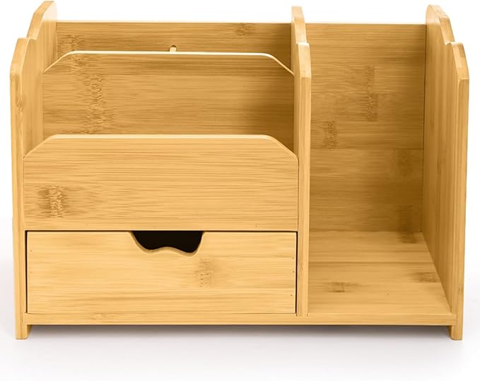 ZAVOOS Bamboo Desk Organizer, Multi Use Tabletop Storage Office Supplies with Drawer Pen Holder, 5 Compartments Heavy Duty Desk Accessories for Home Office Organization, No Assembly Required