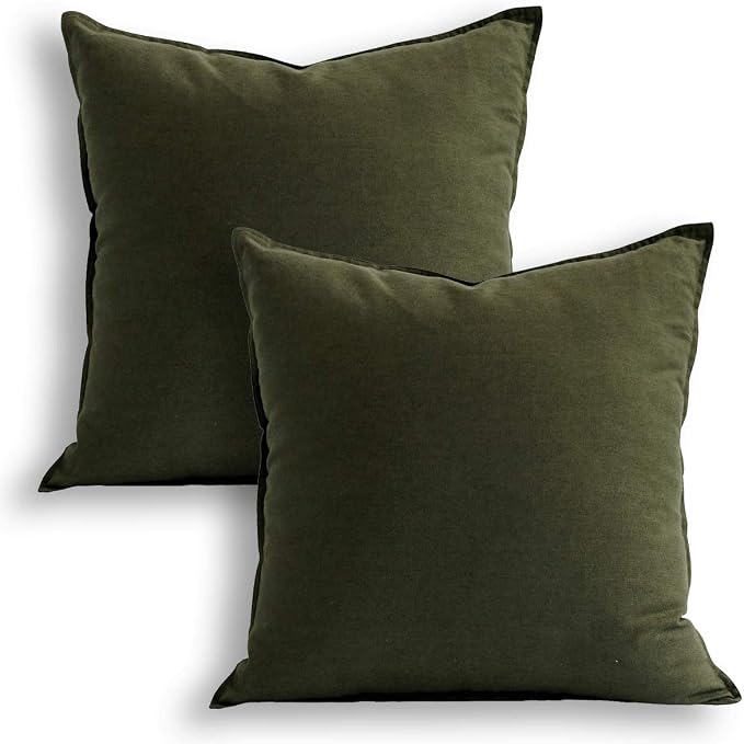 Jeanerlor Pack of 2 24 x 24 Inch Cotton Linen Soft Soild Decorative Square Throw Pillow Covers Green Cushion Case Set for Bedroom/Sofa/Car 60 x 60cm,Olive Green
