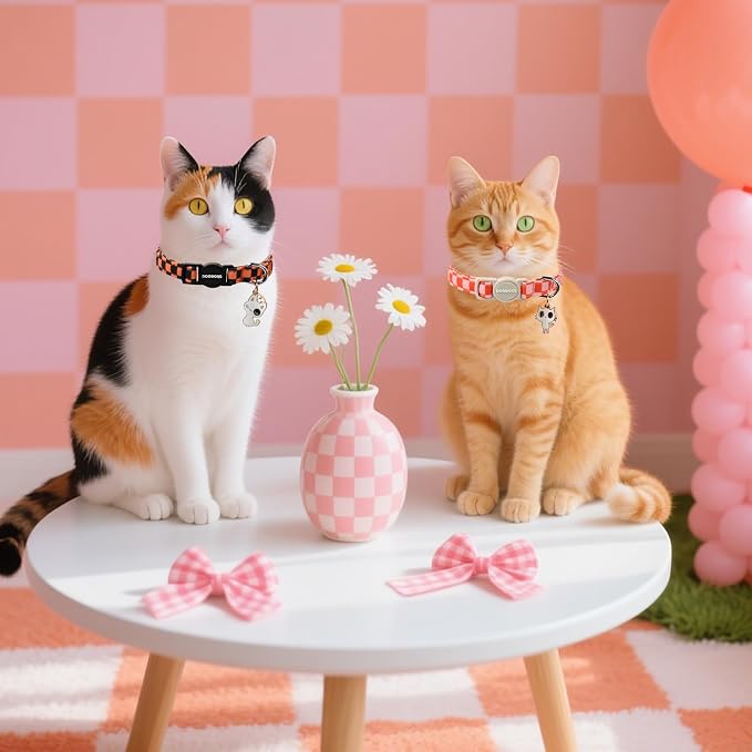 2 Pack Fall Cat Collars Breakaway with Bell, DOGWONG Safety Buckle Orange Plaid Halloween Cute Cat Collar for Girl Boy Cats，Adjustable 7-12 Inch