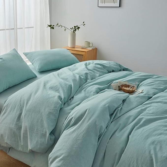 FACE TWO FACE Bedding Duvet Cover Set100% Washed Cotton Duvet Cover Linen Like Textured Breathable Durable Soft Comfy (California King, Dusty Blue)