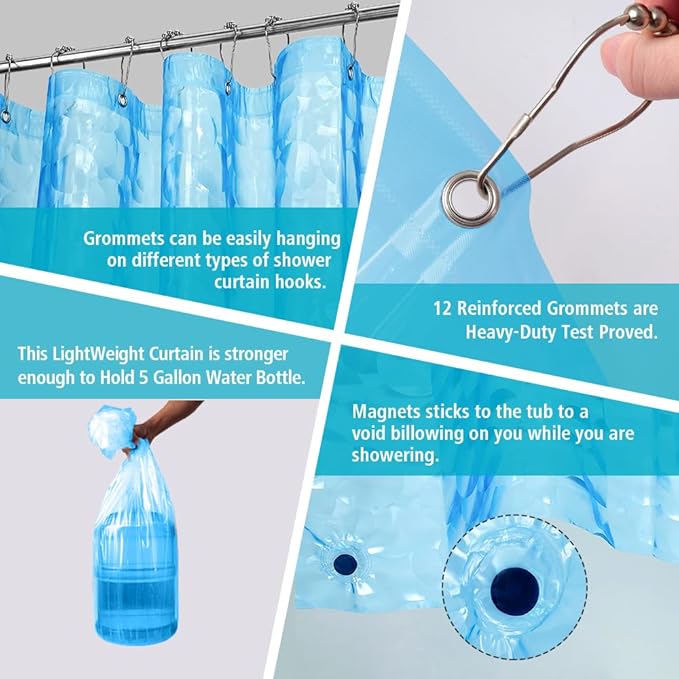 Ga-Geetopia Extra Long EVA 3D Blue Pearl Water Cube Plastic Shower Curtain Liner - Lightweight 72" x 80" Bathroom Shower Showroom Curtain Liner with Rustproof Metal Gromments and Weighted Magnet