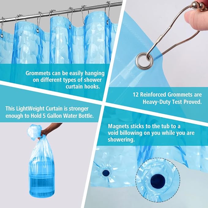 Ga-Geetopia EVA 3D Blue Pearl Water Cube Plastic Shower Curtain Liner - Premium Light Weight 72" x 72" Blue Bathroom Shower Showroom Curtain Liner with Rustproof Metal Gromments and Weighted Magnet