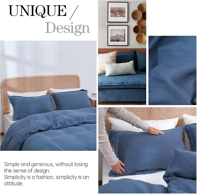 Simple&Opulence 100% Linen Duvet Cover Set 3pcs Basic Style Natural French Washed Flax Solid Color Soft Breathable Farmhouse Bedding with Button Closure - Classic Blue, Full