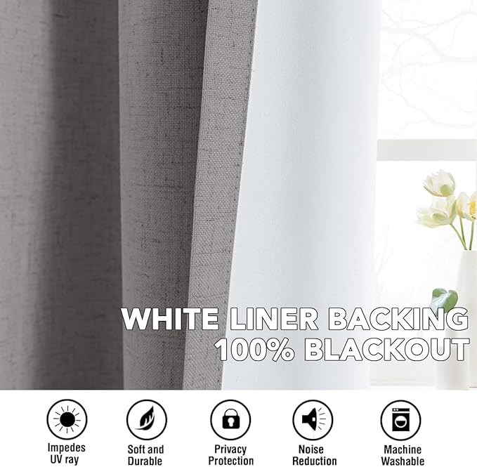 H.VERSAILTEX Linen Curtains 100% Blackout Curtains for Bedroom 90 inch Long Full Light Blocking Nature Linen Blended Window Curtains for Living Room Nickel Grommet (2 Panels, Heathered Dove)