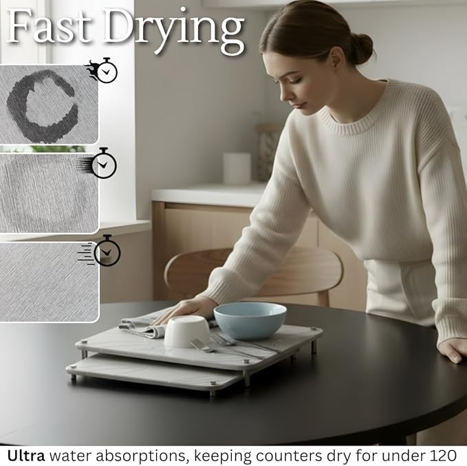 2 PCs Nesting Stone Drying Mat for Kitchen Counter - Fast, Heat Resistant Stone Dish Drying Mat with Non-Slip Feet