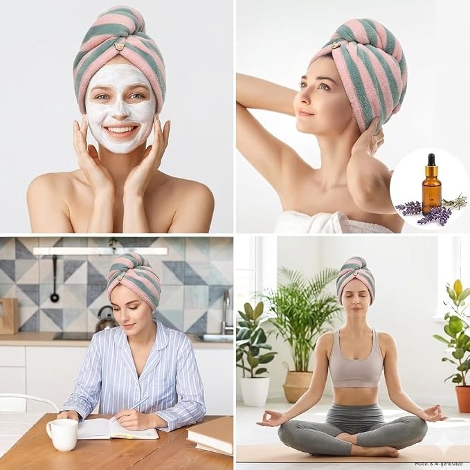 3 Pack Microfiber Hair Towel Wrap for Women, Fast Drying Hair Turban with Button, Anti-Frizz Large Hair Towel for All Hair Styles, Soft & Absorbent Hair Drying Towel