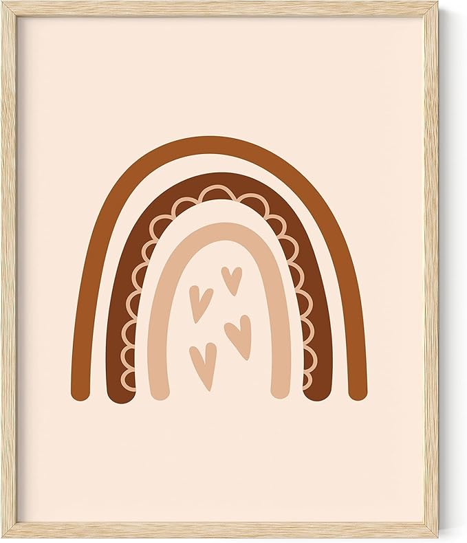 Boho Nursery Rainbow Wall Art with Hearts Earth Tones Terracotta Brown Scandi Minimalist Style 16x20 Inch Oak Wood Beige Framed Playroom Decor Print for Kids Room