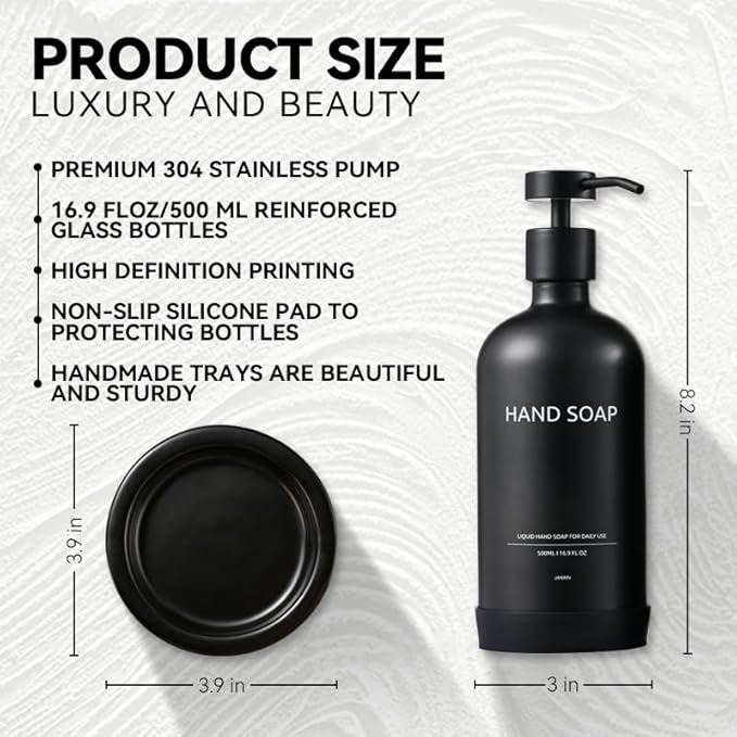 Glass Soap Dispenser Bathroom Set by Janxin, Foaming Kitchen soap Dispenser with Ceramic Tray for Dish Soap, Liquid Soap Dispenser for Hand Soap, Lotion, Body Wash (Black)