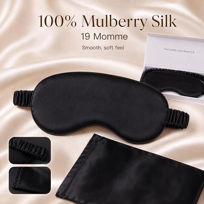 Silk Sleep Mask Light Blocking Luxury 100% Mulberry 19mm Silk Eye Mask Eye Cover Blindfold Ultra Soft Light & Comfy Anti Aging Skin Care with Travel Bag Gift Package