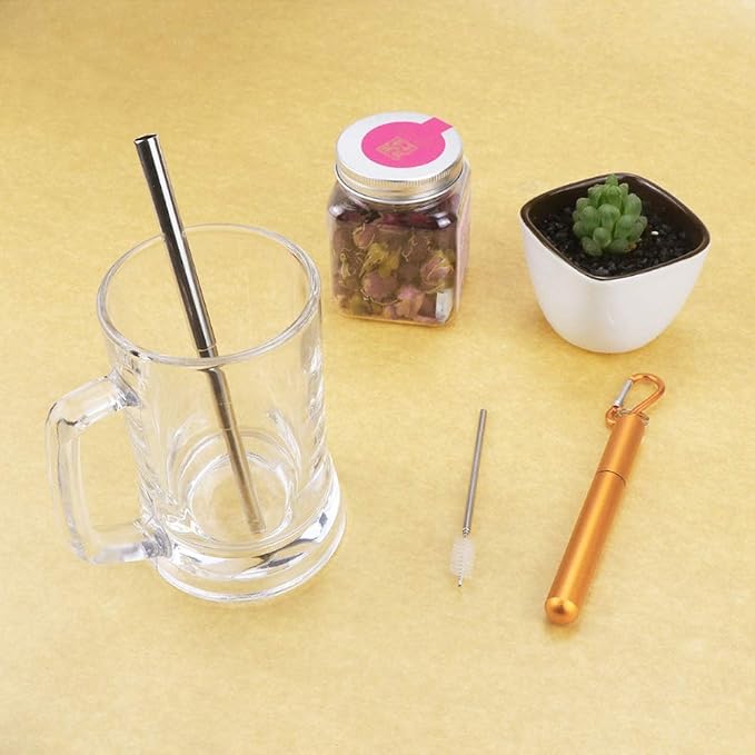 2 Set Collapsible Stainless Steel Drinking Straws, Portable Travel Telescopic Reusable Drinking Straw with Cleaning Brush for Drinking Coffee Milk Tea
