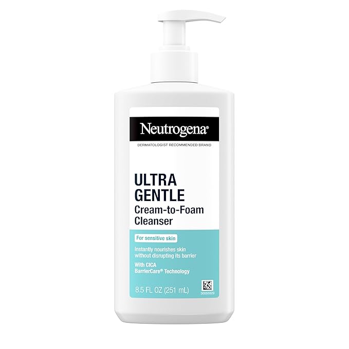 Neutrogena Ultra Gentle Cream to Foaming Face Wash for Sensitive Skin, Fragrance-Free Gentle Facial Cleanser, Hypoallergenic Skin Care, Non-Comedogenic Makeup Remover, 8.5 oz