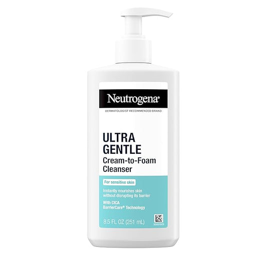 Neutrogena Ultra Gentle Cream to Foaming Face Wash for Sensitive Skin, Fragrance-Free Gentle Facial Cleanser, Hypoallergenic Skin Care, Non-Comedogenic Makeup Remover, 8.5 oz