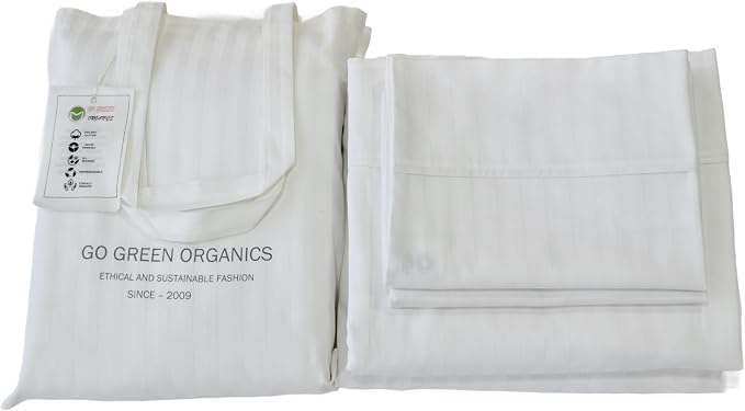 Organic Cotton Comfortable and Soft Sateen Stripe Bed Sheet Set - Luxury Hotel Quality - GOTS Certified - White - Deep Pocket - Easy Care - Queen