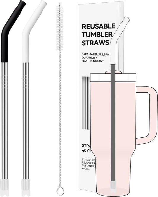 2 PCS 40oz Metal Straws for Stanley 40oz Cup & 64oz Jugs | Extra-Long Stainless Steel Straws with Removable Silicone Tips, Fits Large Tumblers & Oversized Mugs