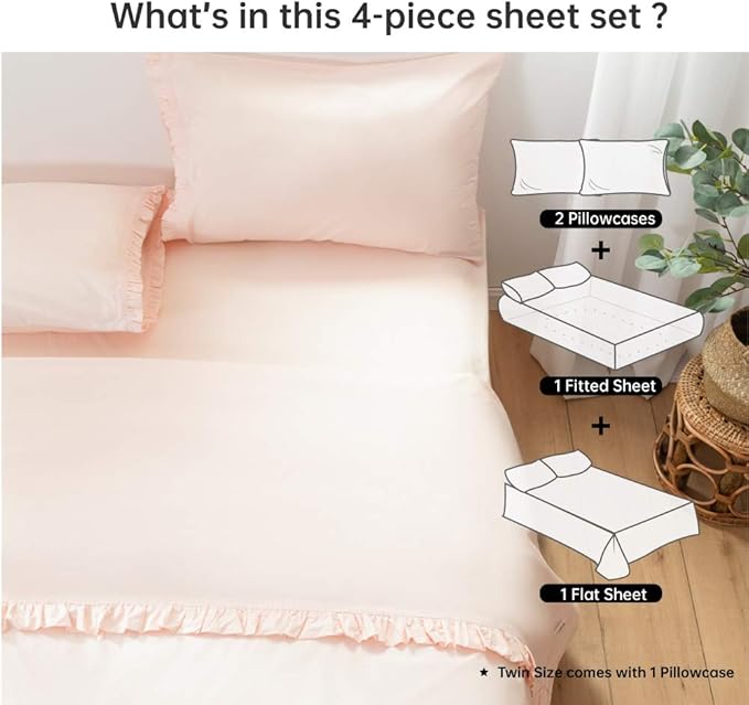 Simple&Opulence 100% Cotton Sheet Set Ruffle- 4Pcs (1 Flat Sheet 1 Fitted Sheet 2 Pillowcases) Bed Sheets Soft French Country Shabby Chic Vintage Bedding Set Aesthetic Farmhouse (Blush Pink, Queen)