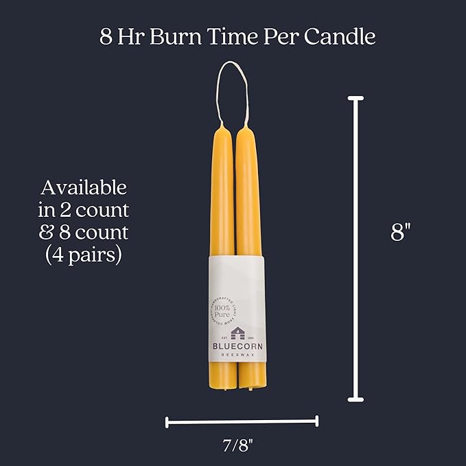 Bluecorn Beeswax Taper Candles, 100% Pure Natural Bees Wax, Pair of 8 Inch Yellow Tapered Candlesticks, Clean Burning & Dripless, Fragrance Free, Long Lasting, Home Decor, American Made, 1 Count