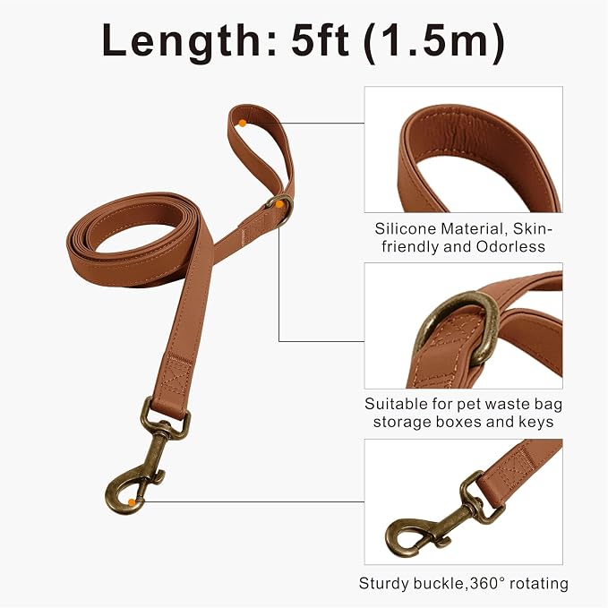 Dog Collar and Leash Set,Leather Silicone Waterproof Odor-Proof Dog Collar and Leash for Medium Dogs, Soft Flexible Dog Collars, Durable Thick Adjustable Pet Collar (Brown, Medium (12.5-20" Neck))