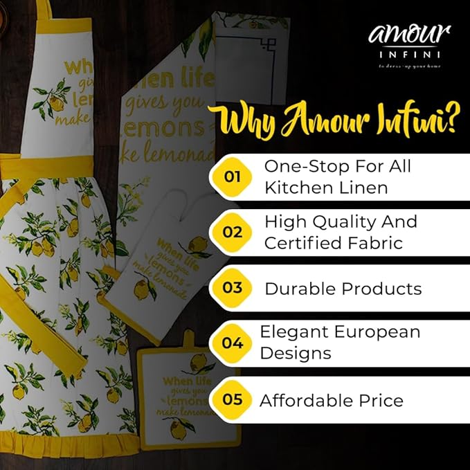 AMOUR INFINI Kitchen Apron for Women with Pockets Cotton Printed Aprons for Baking, Gardening, Painting Reusable and Washable (27.5 x 33 Inches - Citrus Splash)