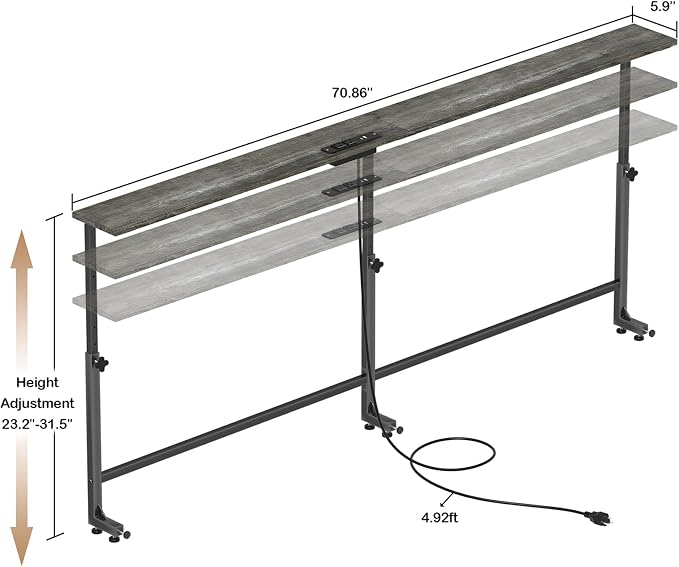 Faesun 70.9 Inch Behind Couch Table, 24"-32" Adjustable Height Range, Behind The Couch Table with Outlet, Adjustable Console Table, Narrow Long Sofa Table, for Living Room, Gray
